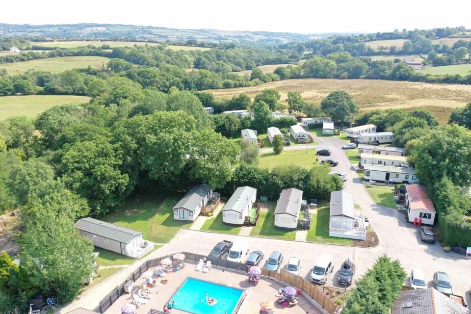 Park and outdoor pool from above