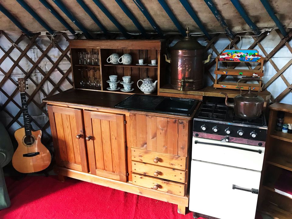Yurt kitchen with range cooker