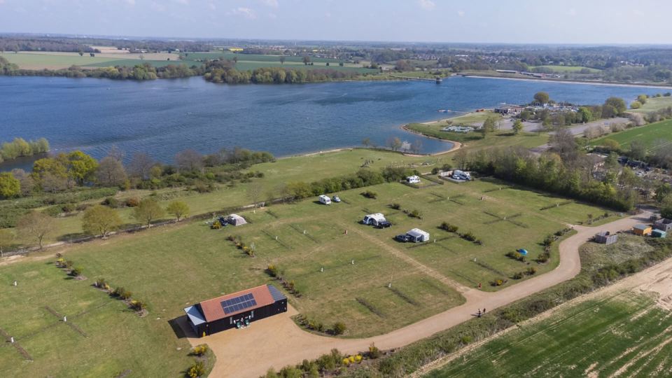 Campsite from above, reservoir beyond
