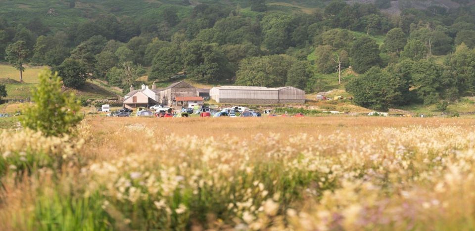 Field with farm buildings behind