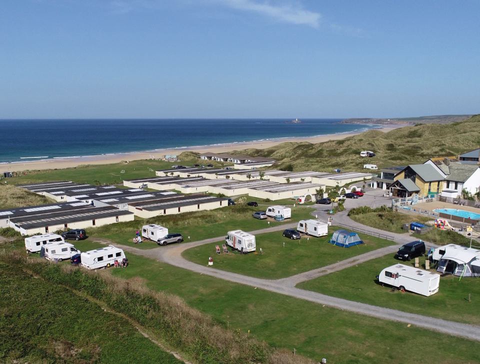 Aerial view of touring pitches by the sea