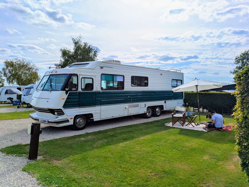 Motorhome on a grass-edged pitch