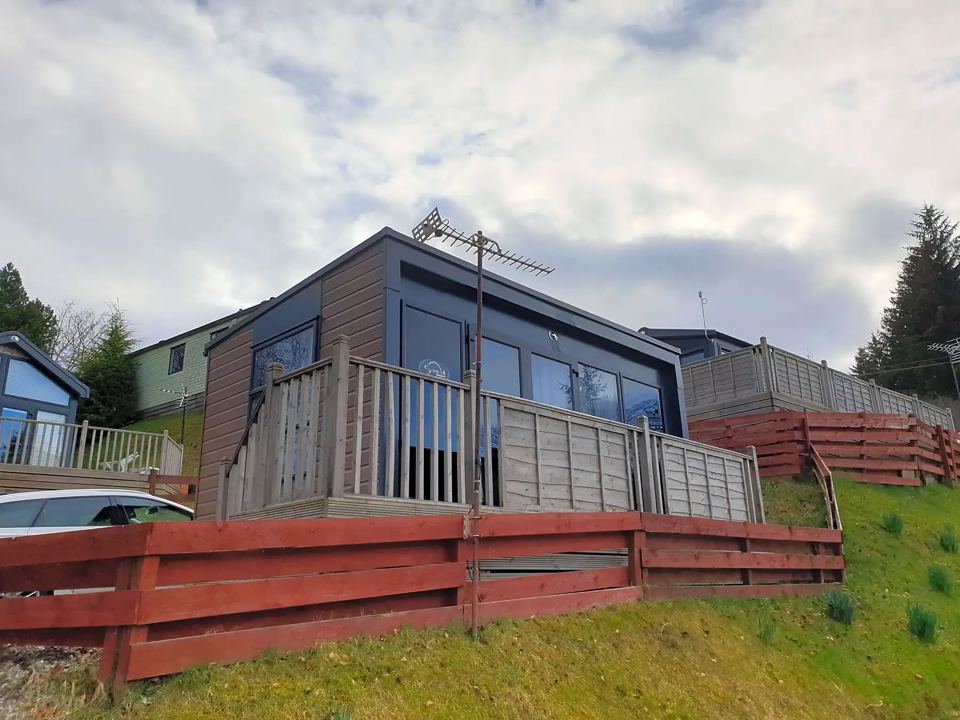 Static caravan with decking