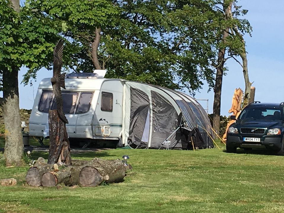 Caravan and awning under the trees