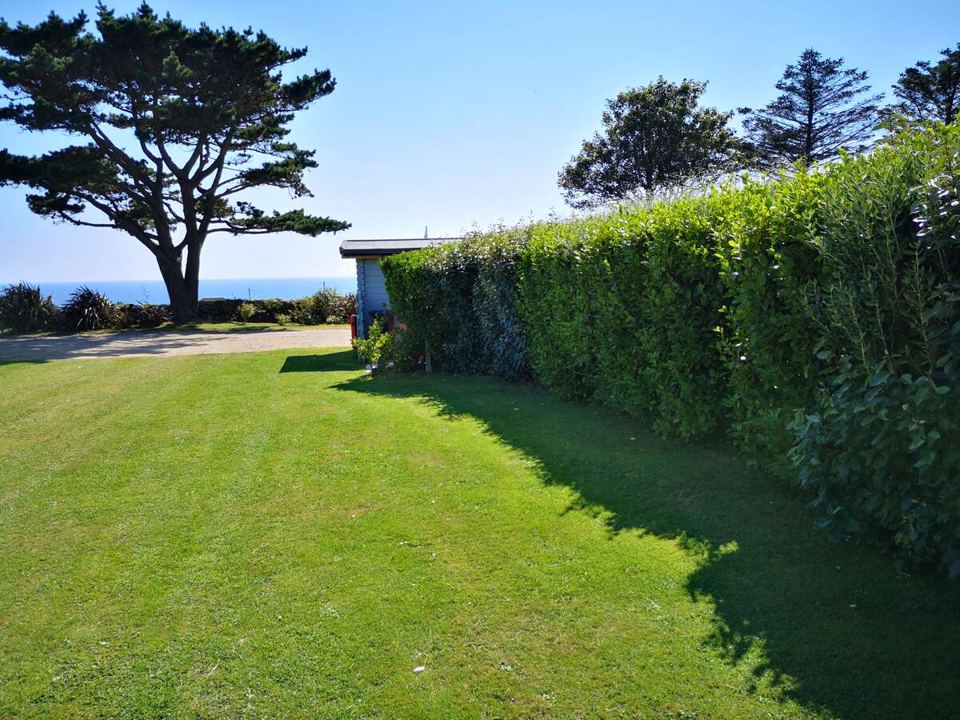 Hedged pitch with sea beyond