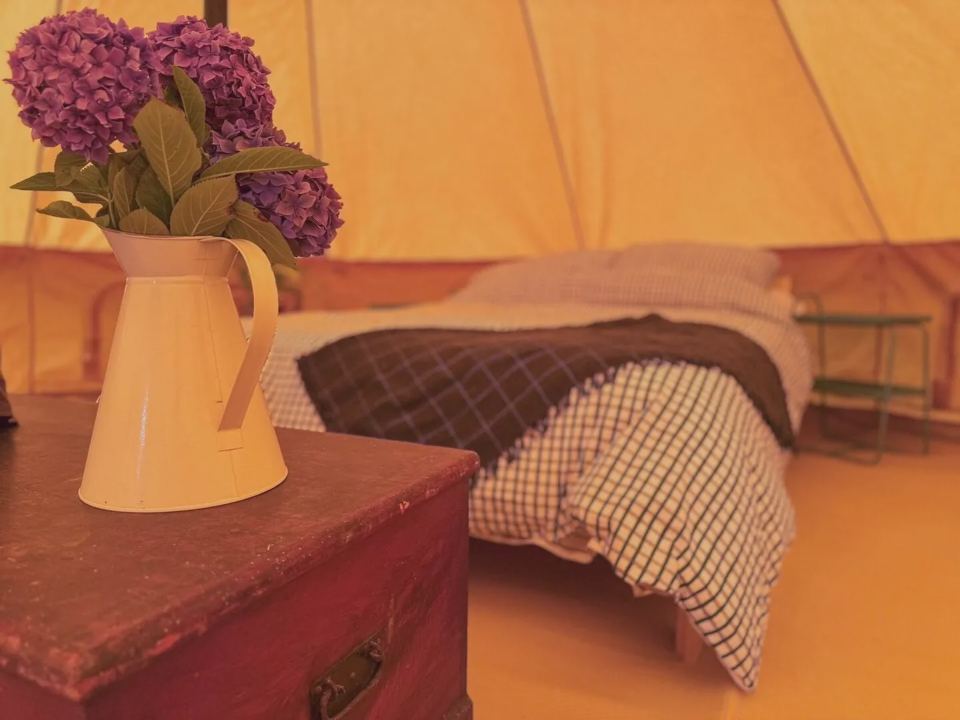 Bed with flowers in a bell tent