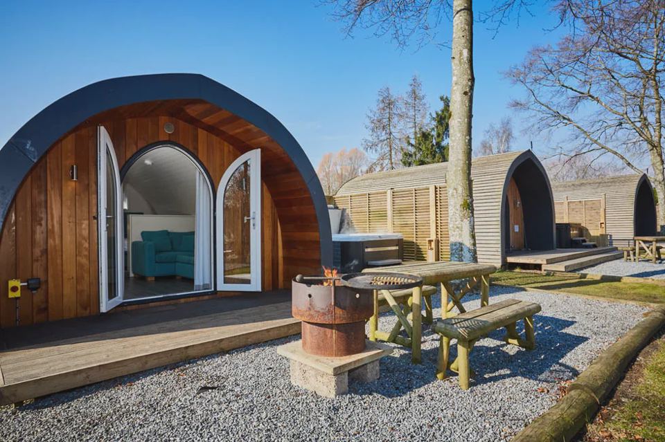 Pods with decking and fire bowl
