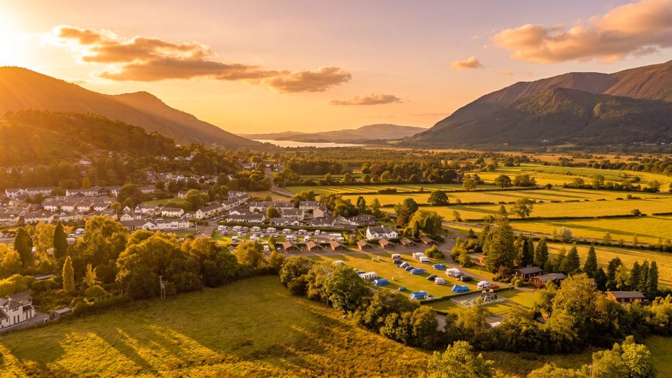 Aerial view of the valley campsite at sunset