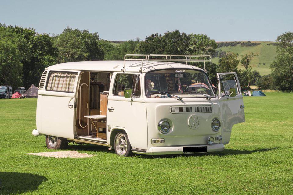Campervan with hills behind