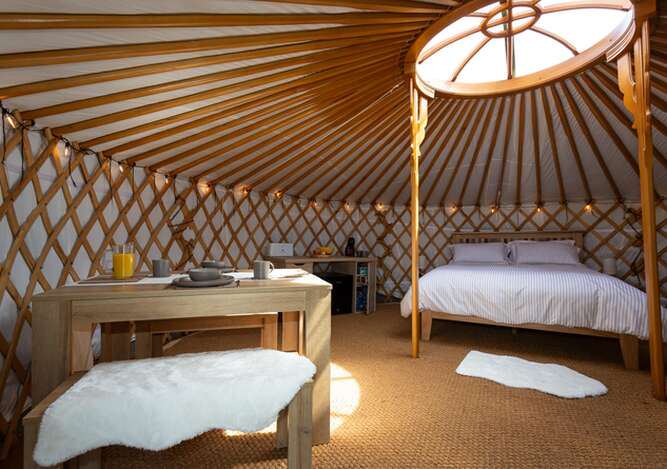 Yurt interior with dining table