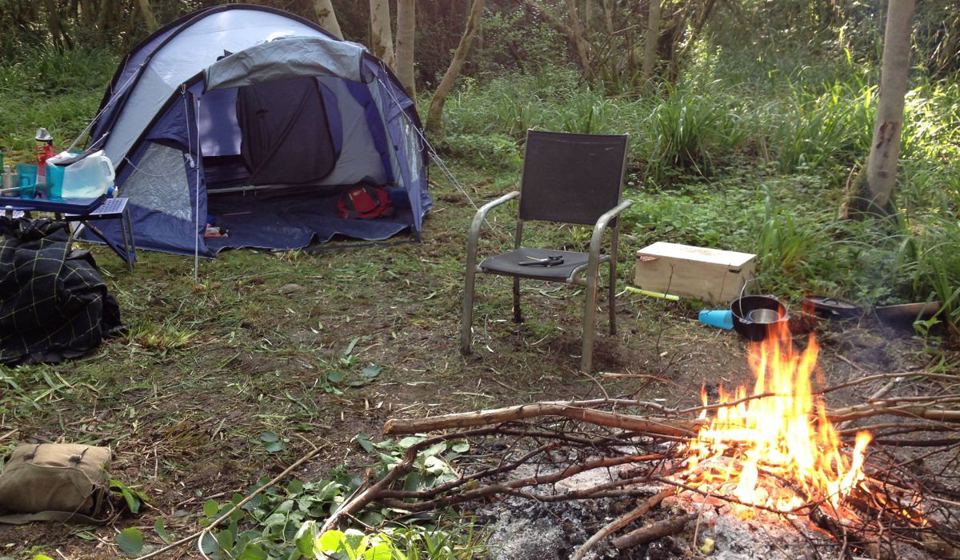 Tent and campfire in the wood