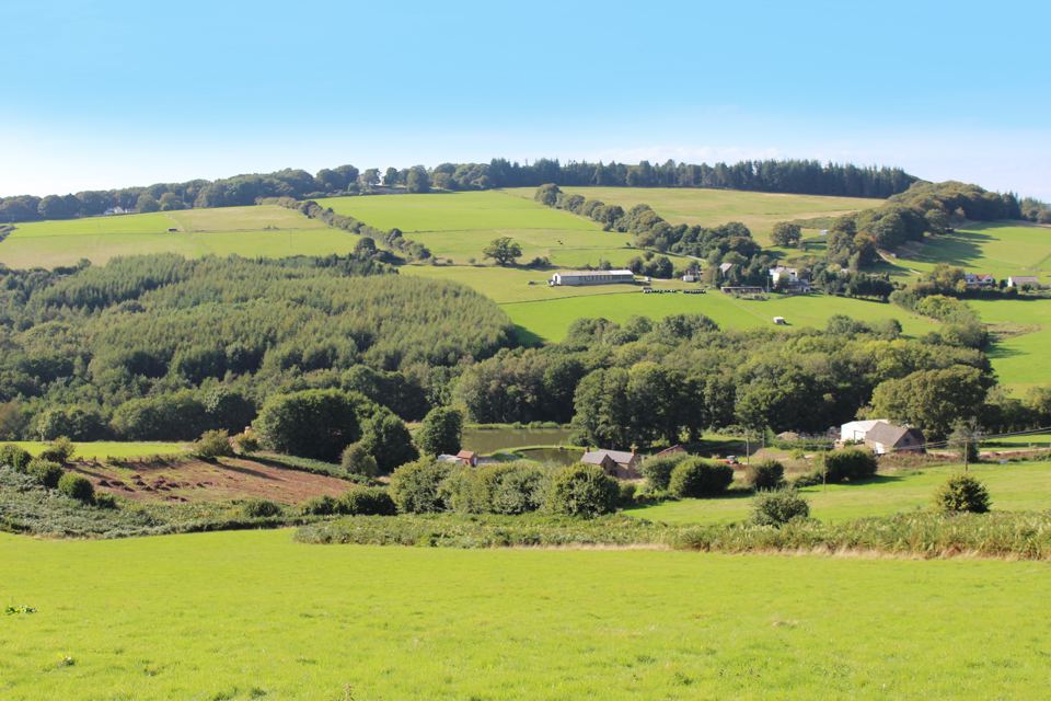 Farmland and woods around the site