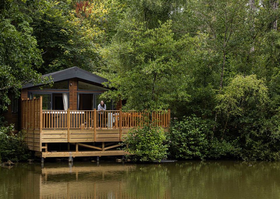 Lakeside lodge on a deck