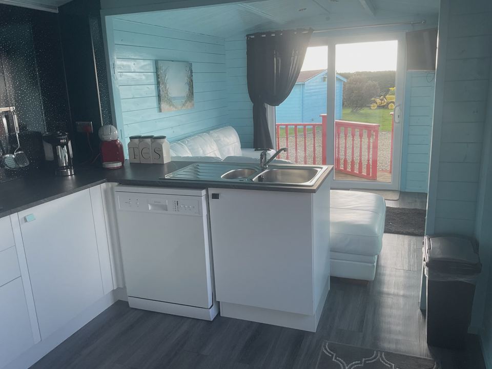 Cabin kitchen and living area