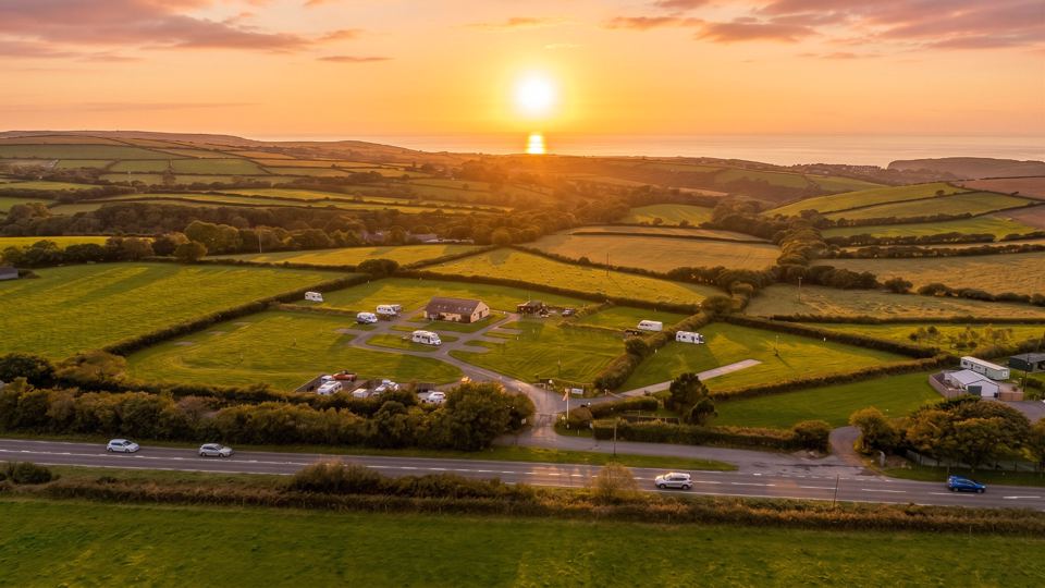 Aerial view of fields at sunset