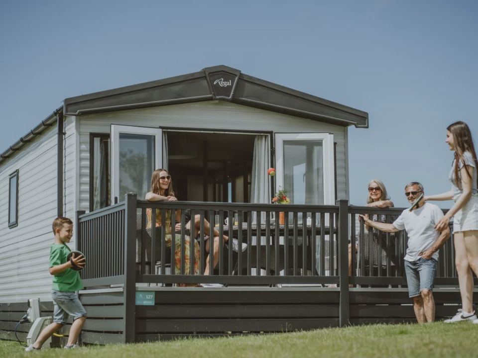 Static caravan with decking