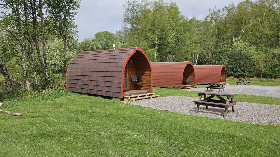 Row of log pods on grass