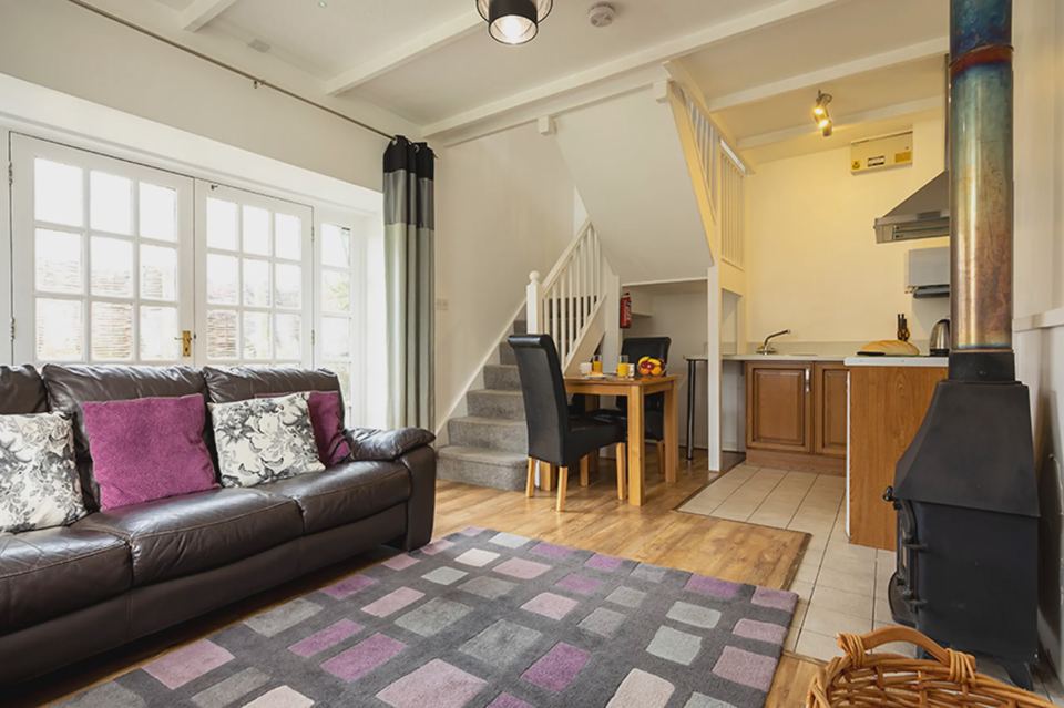 Cottage living area with stove