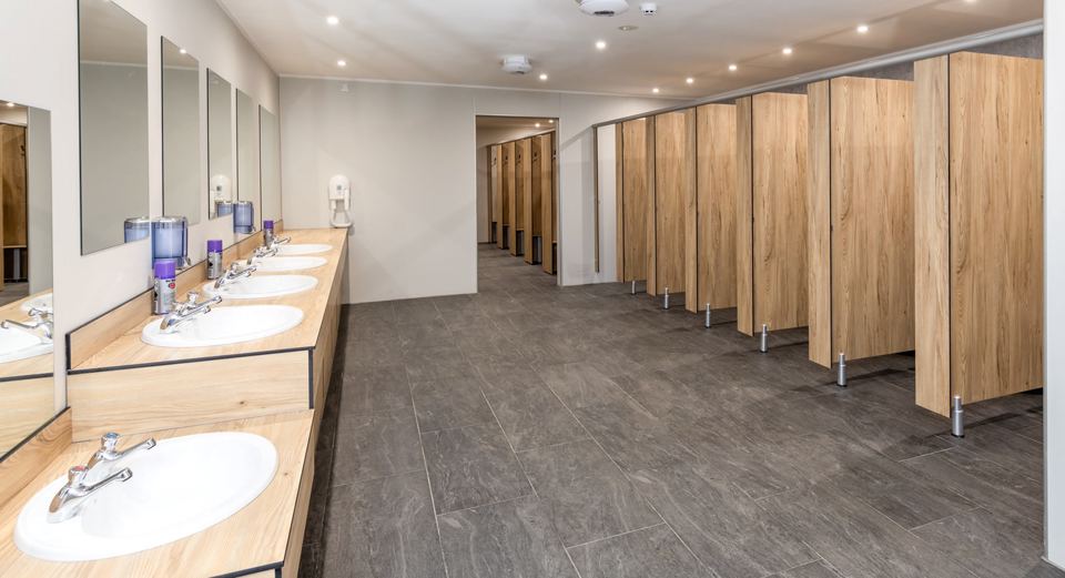 Washroom with basins and cubicles