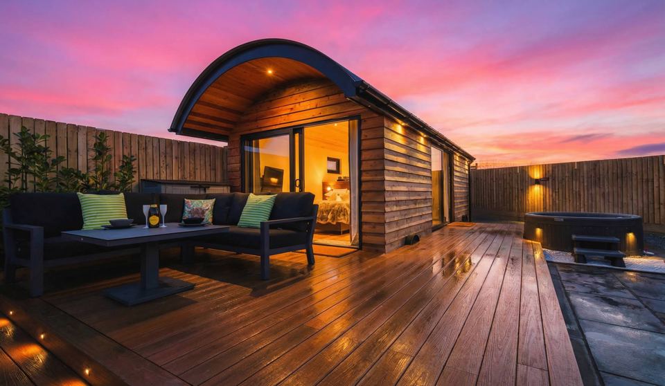 Pod on the decking at dusk