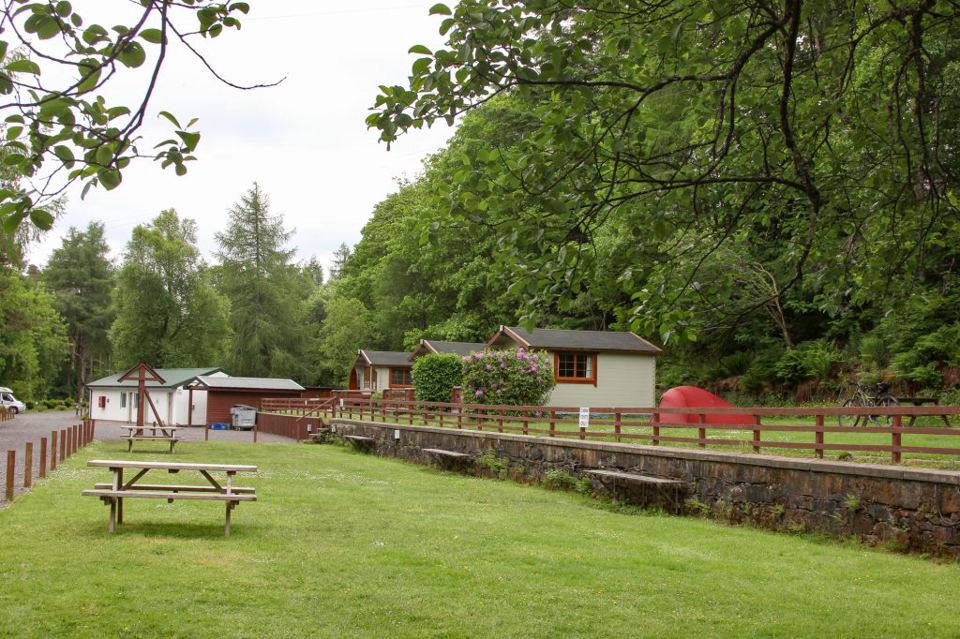 Lawn and huts beside the fence