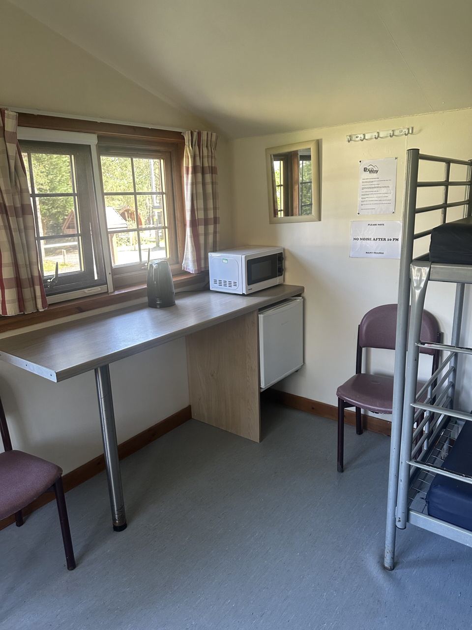 Desk and microwave in a hut