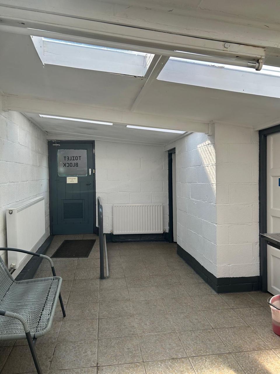 Inside the shower block