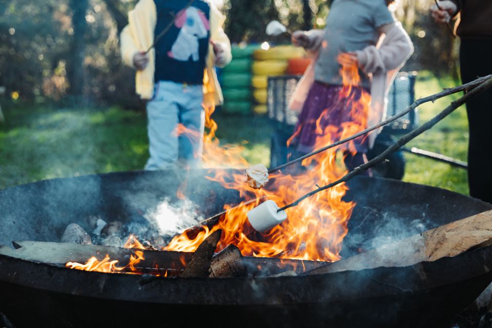 Toasting marshmallows on a fire bowl