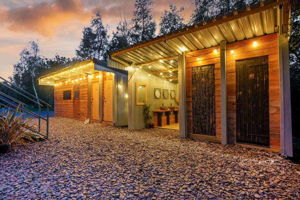 Washroom building at dusk