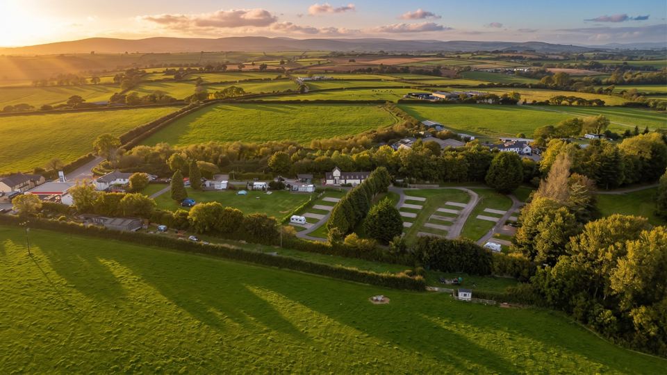Aerial view of the site at sunset