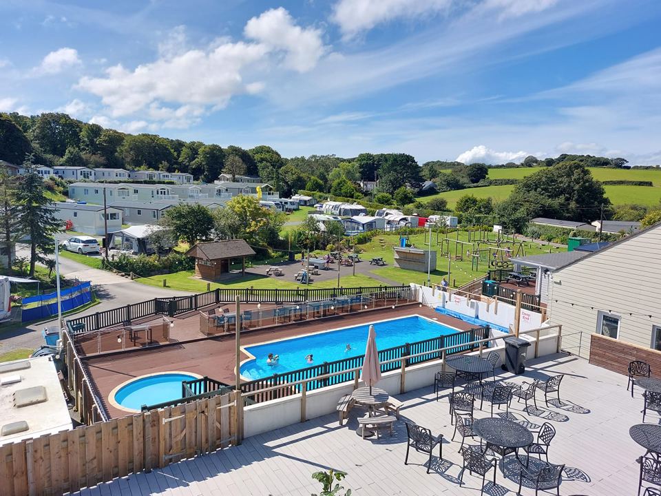 Aerial view of the pool and park