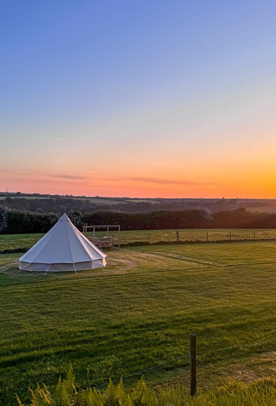 Bell tent in the field at sunset