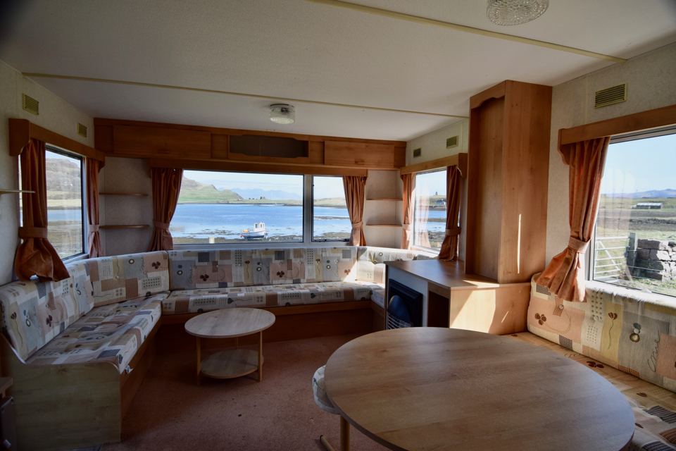 Caravan living area with sea view