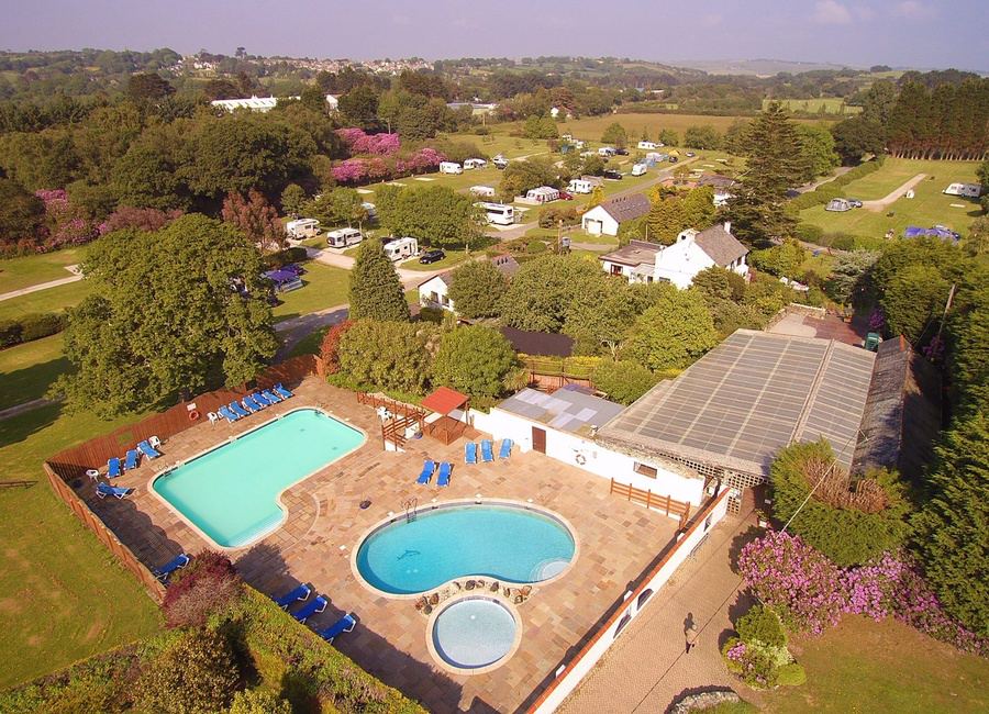 Aerial view of the park and pools