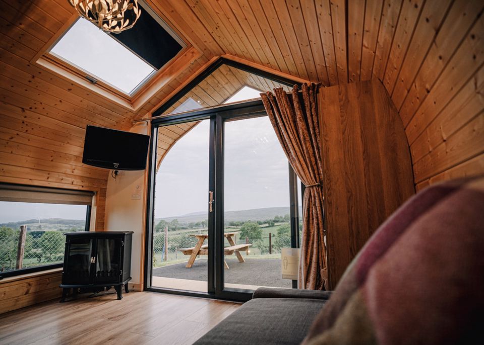 Cabin living area with mountain view
