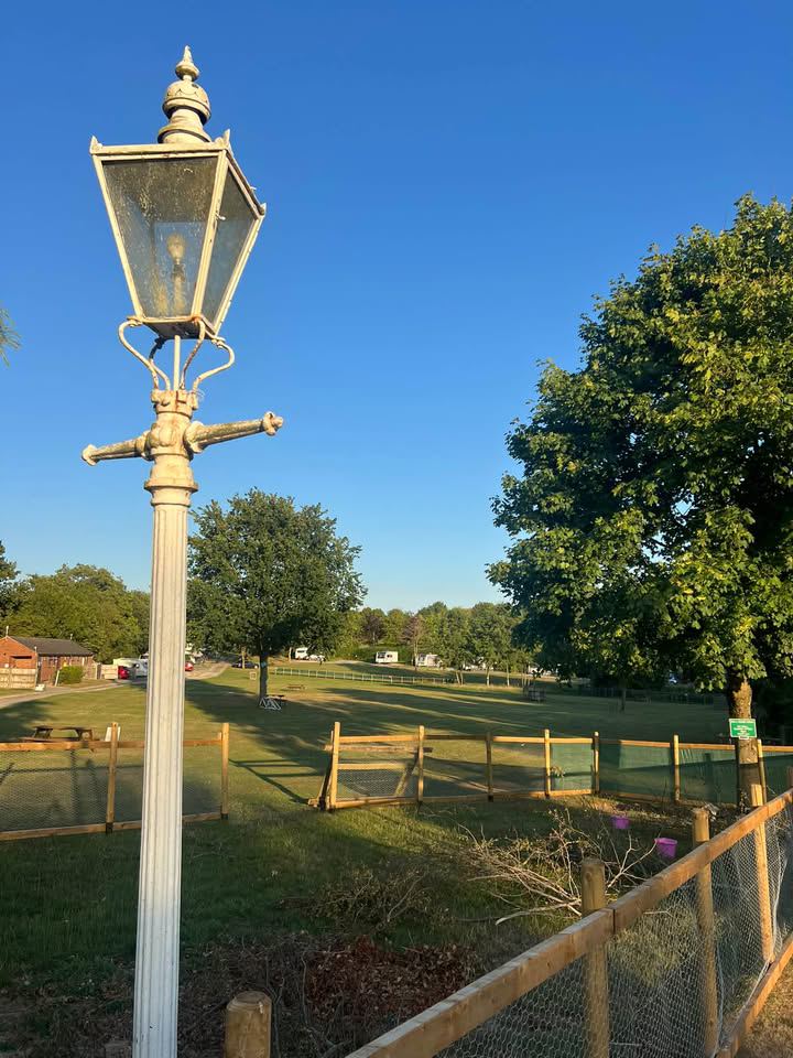 Fenced field with lamp post