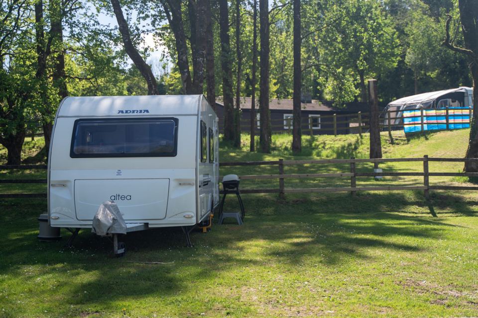 Caravan pitch among trees