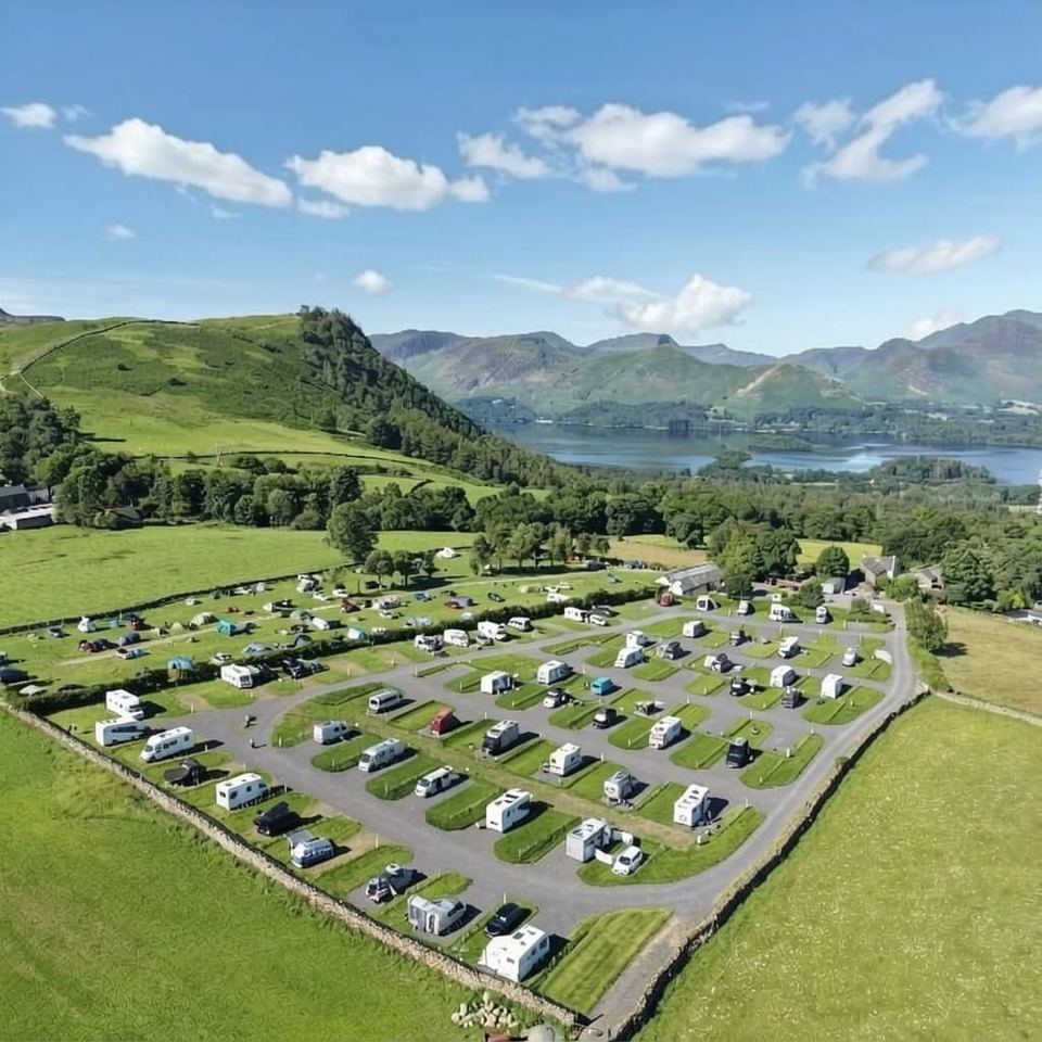 Aerial view of pitches beside the lake