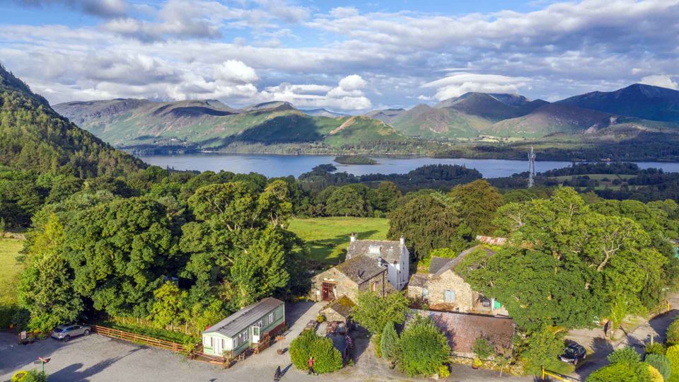 Aerial view of the farm and lake