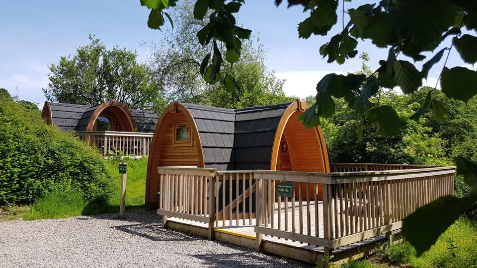 Two pods on the gravel with decking