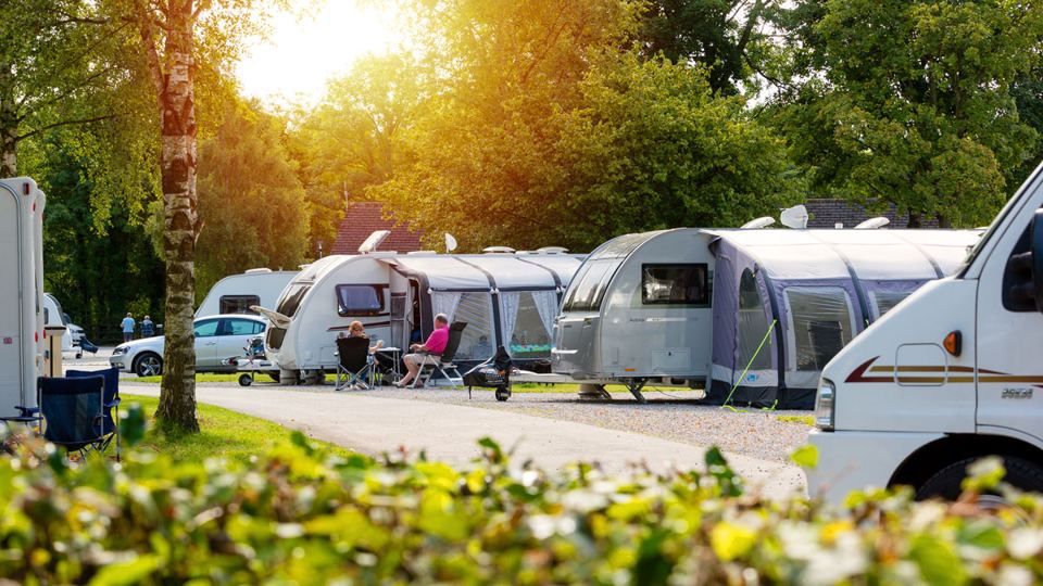 Awnings on pitches at sunset