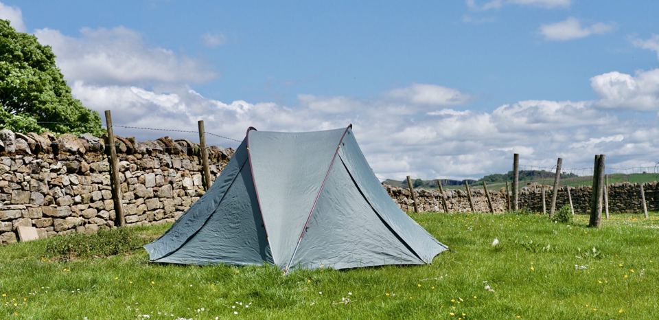 Tent beside a drystone wall