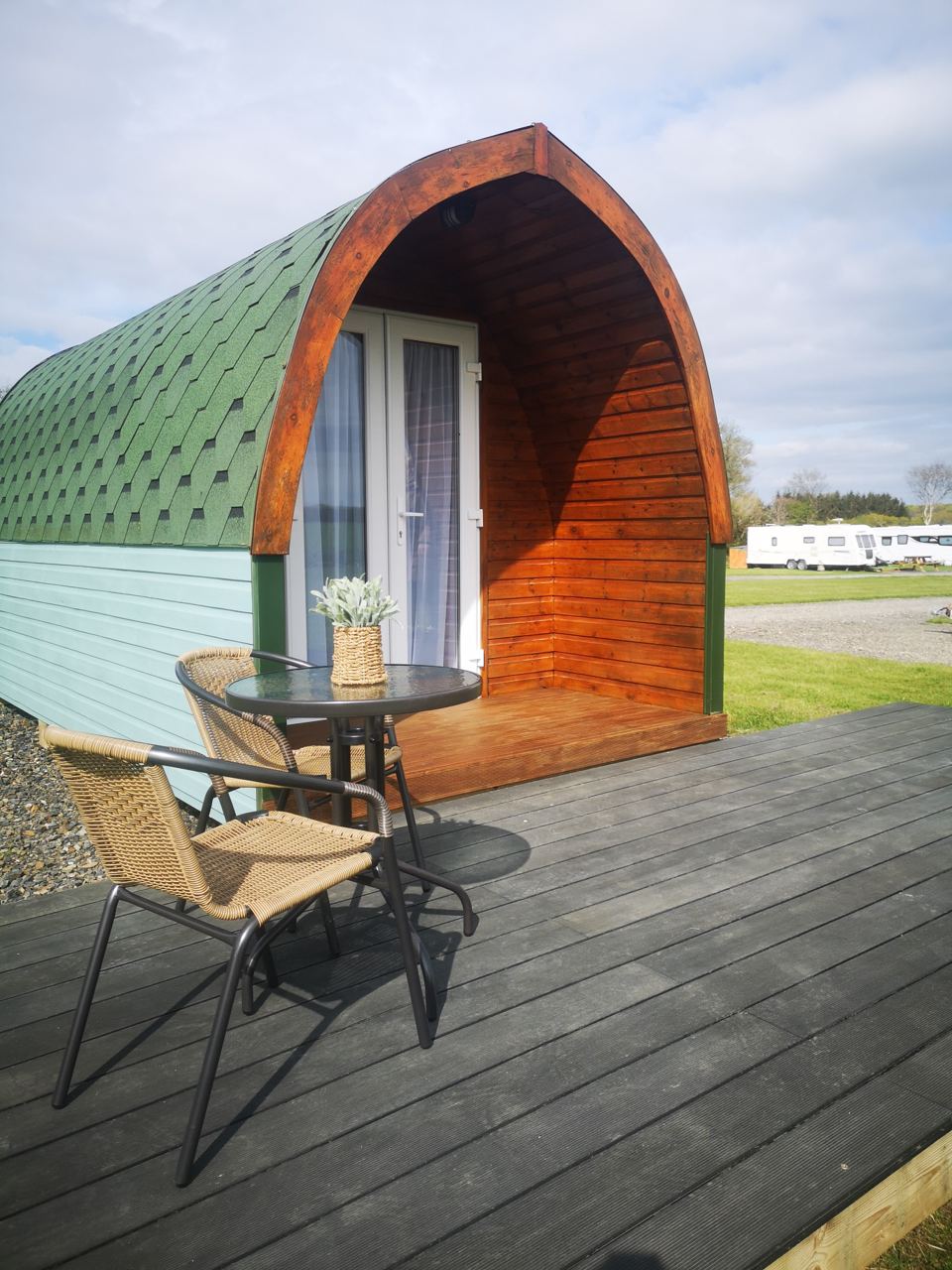 Pod exterior with decked seating