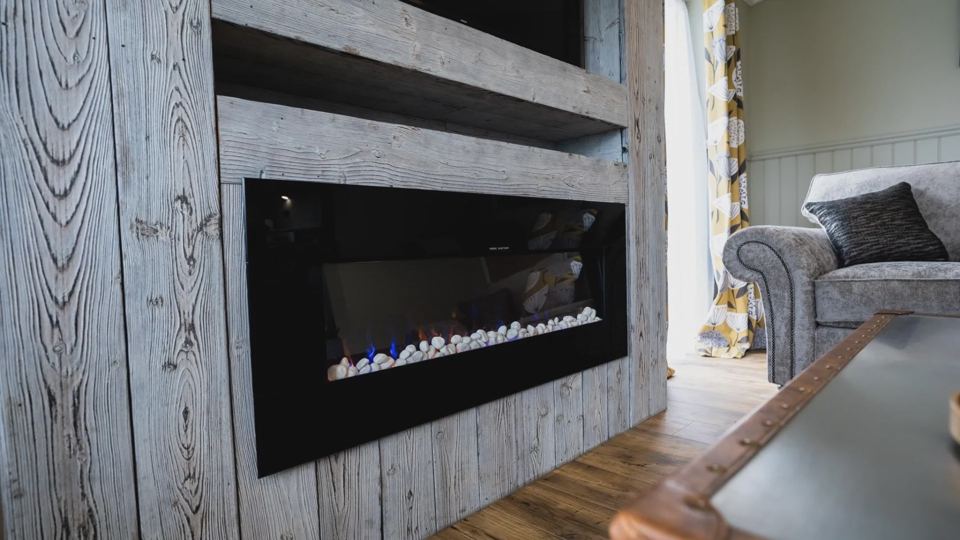Lodge lounge with fire