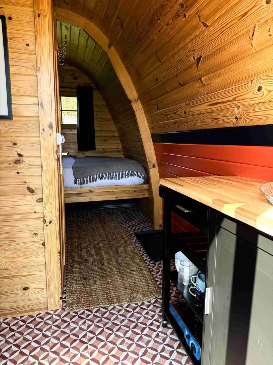Inside a glamping pod