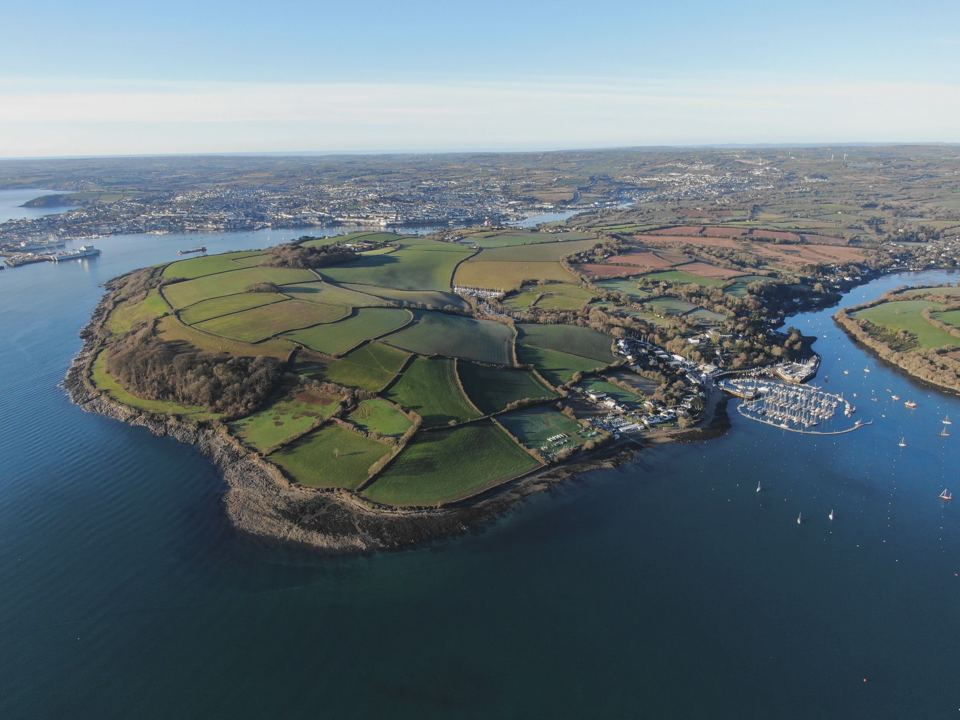 Aerial view of the harbour and fields