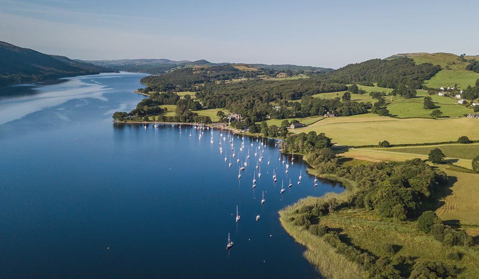 Aerial view of the lake and fields