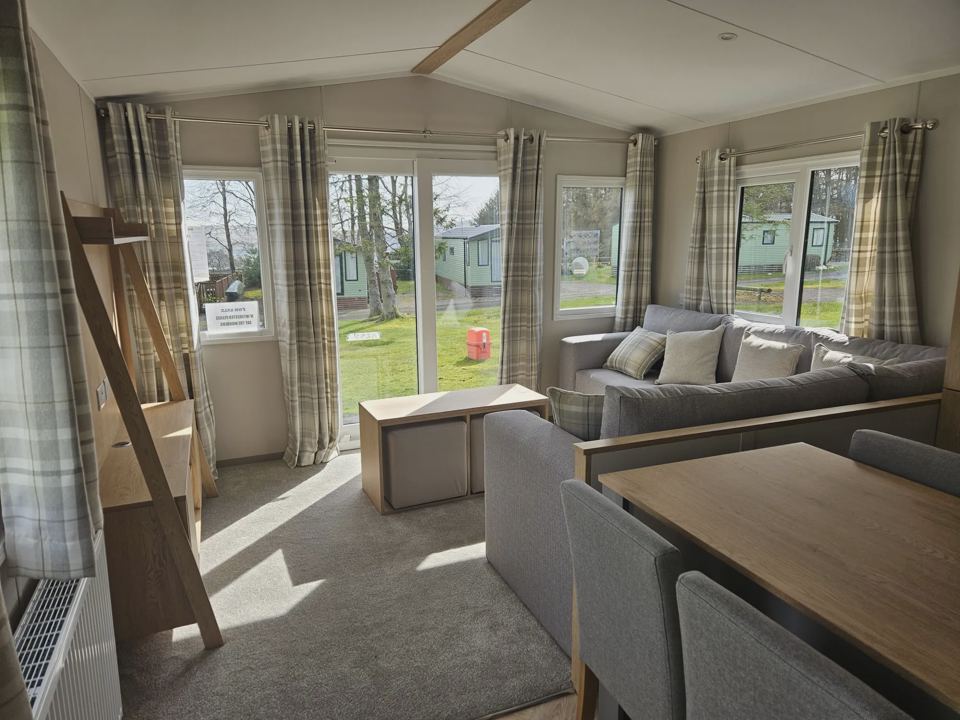 Lounge with plaid curtains
