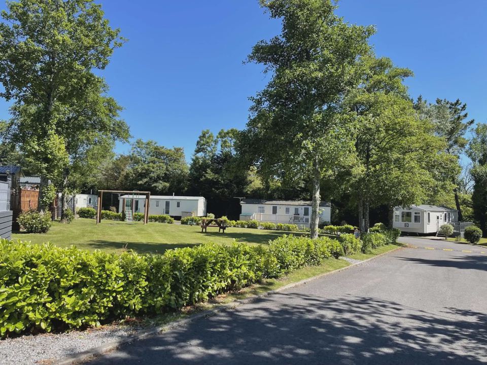 Caravans along a hedged lane