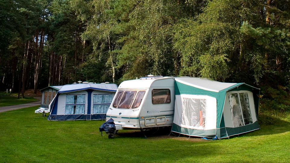 Caravans with awnings under trees